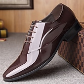 baratos Sapatos Oxford-Sapatos sociais masculinos de verniz marrom escuro com cadarço - calçado formal elegante para reuniões de negócios e eventos sofisticados.