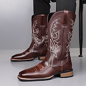 voordelige Cowboy &amp; Western Boots-Bruine cowboylaarzen van imitatieleer voor heren – klassieke westernstijl met geborduurde details, perfect voor kerstfeestjes en casual uitjes