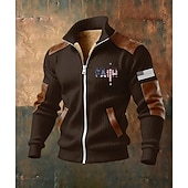 baratos Moletons 3D masculinos-Homens Full Zip Hoodie Casaco de lã Moletom de lã Preto Branco Verde Tropa Azul Marinha Marron Colarinho Clerical Cruz Bandeira americana Fé Bolsos Detalhes em couro sintético Desportos e Ar livre