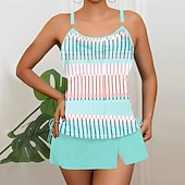 Χαμηλού Κόστους Τανκίνι-Γυναικεία Μαγιό 2 κομμάτι Φούστα Μαγιό Εξώπλατο Διακοπές Ρούχα παραλίας Ριγέ Στρογγυλή Λαιμόκοψη Αμάνικο Μαγιό