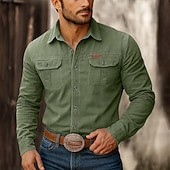 Недорогие Мужские рабочие рубашки-Муж. Западная рубашка Рубашка-карго Ковбойская рубашка Хаки Военно-зеленный Длинный рукав Сплошной цвет Полотняное плетение Отложной Для занятий спортом Повседневные Карман Одежда