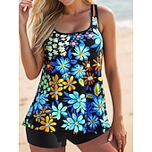 preiswerte Tankinis-Damen Badeanzug Tankini Zweiteilig Shorts Bademode Bauchkontrolle Hohe Taille Schlank Rückenfrei Urlaub Strandbekleidung Ombre Farbblock V Ausschnitt Ärmellos Badeanzüge