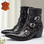 Χαμηλού Κόστους Premium Δερμάτινες Μπότες-Ανδρικές μαύρες δερμάτινες μπότες με ανάγλυφη αγκράφα – κλασικό σχέδιο με λεπτομέρειες με τρουκς, ιδανικές για επίσημες εκδηλώσεις, casual ρούχα και βραδινές εμφανίσεις