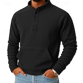 cheap Fleece Hoodie-Men's Sweatshirt Fleece Sweatshirt Button Up Hoodie Black Dark Green Khaki Coffee Gray Henley Plain Patchwork Kangaroo Pocket Sports &amp; Outdoor Casual Daily Streetwear Cool Sportswear Fall Winter