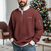 Недорогие Мужские повседневные футболки-Муж. Футболка с вафельным рисунком Футболка Длинный рукав Половина молния Осень Наступила зима Сплошной цвет Традиционный / винтаж На каждый день Цветовые блоки Карман на молнии