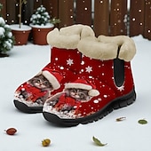 baratos Sapatos de Natal Femininos-Botas femininas natalinas quentinhas com forro de pele e estampa fofa de Papai Noel com gatinho – estilo aconchegante de inverno, sola leve antiderrapante, perfeitas para festas de fim de ano, passeios ao ar livre, uso casual e para presentear no Natal.
