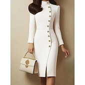 baratos Vestidos de Formatura-Mulheres Minivestido Vestido da bainha Vestido Bodycon Vestidos Semi-Formais Escritório Normal Tecido Manga Longa Gola Alta Preto Branco Primavera Outono
