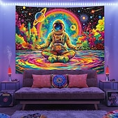 billige Blacklight -billedvev-Blacklight astronaut mediterende galakse rom billedvev neonplaneter kosmisk veggdekor bakgrunn fargerik UV-reaktiv stjerner himmelsk univers romdekor til soverom stue