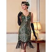 baratos Vestidos dos anos 1920-Roaring 20s 1920s Knee Length Flapper Dress Sleeveless The Great Gatsby Sequins Fringe V Neck Fancy Dress Women's Christmas Carnival speakeasy Masquerade Retro Theme Party Adults' Dress