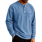 levne Ležérní tričko Henley-SoftFade™ Pánské tričko Henley T-shirt Tee dlouhý rukáv jednobarevné vintage retro ležérní styl obarvené vybledlé Henley ležérní jaro podzim černá šedá světle modrá Henley T-Shirt