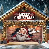 billige Garasje- og dørbanner-Jul tapet Garasjeportdeksel Stor opphengning julenissen god jul søt stil 3D Party Utendørs Ferie Bakgrunner for skyting Yard Hjemmedekor