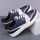 זול סניקרס קז'ואל-נעלי ספורט ספורטיביות לגברים בצבעי כחול כהה ולבן, קלות משקל ונוחות, עיצוב מודרני עם נגיעות כתומות, מושלמות ללבישה יומיומית וטיולים קז'ואליים