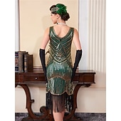 baratos Vestidos dos anos 1920-Roaring 20s 1920s Knee Length Flapper Dress Sleeveless The Great Gatsby Sequins Fringe V Neck Fancy Dress Women's Christmas Carnival speakeasy Masquerade Retro Theme Party Adults' Dress