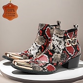 economico Stivali in pelle di alta qualità-stivaletti da uomo con stampa serpente rossa e nera: pelle pregiata con dettagli dorati, scelta elegante per feste di Natale e occasioni festive