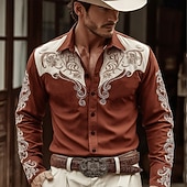 olcso férfi nyugati ingek-Férfi Virágminta Etno Virágok Ing Nyugati ing Cowboy ing Hosszú ujj Vintage Retro Hétköznapi Szabadtéri Munkaruha Tavasz Ősz Térfogatcsökkenés Elöl két zseb Vászonszerű ing Gombolható ingek Medence
