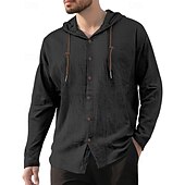 economico Camicie di lino-Per uomo Camicia Camicia di lino Camicia Estiva Camicia da Spiaggia Semplice Vacanza Casuale Nero Bianco Blu marino Cachi Manica Lunga Con Cappuccio Primavera Autunno Abbigliamento Coulisse