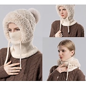 Недорогие теплая и теплая коллекция-Зимняя вязаная шапка-бини 3-в-1 с флисовой подкладкой для женщин со встроенной маской для лица и утеплителем для шеи, теплая и уютная шапка для холодной погоды на открытом воздухе