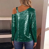 preiswerte Schicke Blusen-Damen Bluse Elegante Oberteile Pailletten-Oberteile Gerafft Pailletten Patchwork Einfarbig Einfach Elegant Vintage Stilvoll Langarm Asymmetrisch Normale Oberteile Täglich Arbeit Ausgehen Blau Schwarz