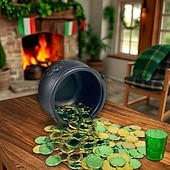 tanie Dzień Świętego Patryka-Złote monety na dzień św. Patryka - 100/200 sztuk złotych zielonych monet na szczęście, plastikowe monety koniczyna skrzat, moneta z 3-listną koniczyną do dekoracji i upominków na imprezę