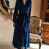 cheap Women's Loungewear-Women's Pajamas Loungewear Warm Fashion Casual Pure Color Ruched Lace up Patchwork Vacation Home Bed Long Sleeve V Neck Blue Black Wine Green Winter Regular Fit