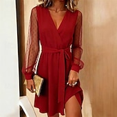 billiga Chiffongklänningar-Dam Mini klänning Svart klänning Chiffongklänningar Elegant klänning Elegant Mode Klassisk Dagligen Utomhus Kontor Normal Slät Långärmad V-hals Svart Rubinrött Grön Sommar Vår