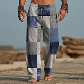 preiswerte Bedruckte Freizeithosen für Herren-Herren Geometrisch Farbblock Patchwork Hose Freizeithose Baggy-Hosen Mittlere Taille Mode Heim Outdoor Urlaub Elastischer Kordelzug in der Taille Leinenähnliche Hose mit Taschen Sommer Frühling