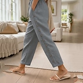 abordables Fondi-Women's Summer Pants 100% Cotton Pants Trousers Vacation Streetwear Casual Full Length Medium Waist Solid Color Drawstring Pocket Side Button Comfortable Breathable Inelastic Daily Outdoor Street