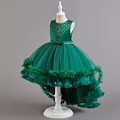 voordelige Bloemenmeisjes Jurken-Bloemenmeisjesjurk, communiejurk, formele jurk voor meisjes, trouwkleding, feestkleding, formele mode voor bruiloften, schattige patchwork, mesh, effen kleur, mouwloos, ronde hals, geel, roze, 4 jaar