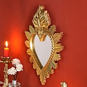 preiswerte Wandskulpturen-Wanddekor-Spiegel mit flammendem Herzmotiv, handgefertigter Hängeschmuck in Form eines flammenden Herzens, Wandkunst im europäischen Stil für Wohnzimmer, Schlafzimmer, Arbeitszimmer, religiöse