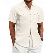 preiswerte Arbeitshemden für Herren-Herren Hemd Waffelhemd Freizeithemd Knopfhemd Schwarz Weiß Burgunderrot Dunkelgrün Kaki Kurzarm Einfach Hemdkragen Lässig Täglich Fronttasche Bekleidung Elegant Mode Lässig