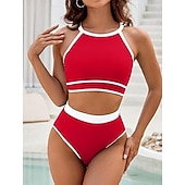 levne Sady bikin-Dámské bikini dvoudílné plavky barevné bloky slipové štíhlé bez zad dovolená plážové oblečení pruhovaný halterneck bez rukávů