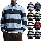 cheap Men's Rugby Polo-Men's Polo Shirts Golf Shirt Casual Street Lapel Long Sleeve Basic Modern Horizontal Stripes Buttons Spring Fall Regular Fit Blue Grey White Red Navy Blue Purple Polo Shirts