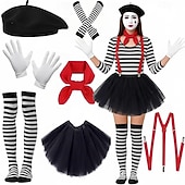 preiswerte Damenkostüme-Mehre Accessoires Ausgefallene Kostüme Pantomimenkünstler Pantomime-Clown Zirkus Cosplay-Kostüm Gestreift Erwachsene Damen Halloween Karneval Party Leistung Verkleiden