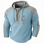 cheap Waffle Knit Tee-Men's Waffle T-shirt T Shirt Waffle Henley Shirt Long Sleeve Hooded Lace Up Neck Fall Solid Color Textured Traditional / Vintage Drawstring Casual Home Outdoor Light Blue Wine Black Top Tee for Men