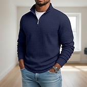 Недорогие Вафельная трикотажная футболка-Муж. Вафельный тройник Футболка Футболка с четвертью молнией Длинный рукав Воротник-стойка Осень Зима Весна &amp; осень Сплошной цвет Клетчатый Вязаная одежда Повседневные На каждый день Застегнуться