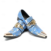 abordables Mocasines de cuero de primera calidad-Mocasines de piel patentada azul y dorada para hombre, elegantes detalles de hebilla, zapatos de vestir para negocios y eventos.