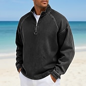 economico T-shirt in Cotone e Lino-Per uomo Camicia 100% cotone lavaggio acido Maglietta Manica Lunga Collo alla coreana Autunno &amp; Inverno Primavera Autunno Semplice Vintage Streetwear Casual Con zip Tinto in capo Sbiadito Casuale