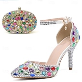 preiswerte Klassische Pumps-Damen Cocktail Club Party Strass Kristall Schnalle Stiletto Spitze Zehe Mode Niedlich luxuriös PU Schnalle Silber Rot orange Schwarz und Violett