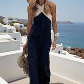 Недорогие Основные искусственные платья-женское макси-платье хлопковое льняное платье платье-футляр сарафан платье с воротником-халтером модное современное платье для отдыха на природе свободное платье для прогулок платья свободного кроя цветовые блоки без рукавов с воротником-халтером черное л