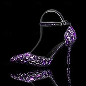 preiswerte Klassische Pumps-Damen Cocktail Club Party Strass Kristall Schnalle Stiletto Spitze Zehe Mode Niedlich luxuriös PU Schnalle Silber Rot orange Schwarz und Violett