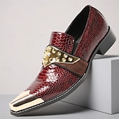 Χαμηλού Κόστους Δερμάτινα Loafers Premium-Ανδρικά κόκκινα slip-on παπούτσια από δέρμα φιδιού με χρυσές λεπτομέρειες – πολυτελή επίσημα υποδήματα για κομψούς άνδρες, ιδανικά για βραδινές εκδηλώσεις και μοντέρνες περιστάσεις