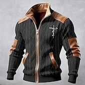 baratos Jaquetas Casuais-Homens Casaco de inverno Casaco de lã Jaqueta casual Diário Ao ar livre Térmico / Quente Jacquard Bolsos Outono Inverno Bloco de cor Cruz Roupa de rua Diário Colarinho Chinês Padrão Preto Branco