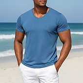 baratos Camisetas de Algodão e Linho-Homens Camiseta Camisas antiumidade Manga Curta Decote V Verão Primavera Tecido Esportes Básico Casual Estilo Clássico Puro Casual Branco Azul Claro Preto Top Tee para Homens