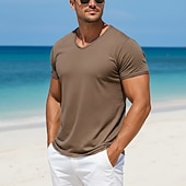 baratos Camisetas de Algodão e Linho-Homens Camiseta Camisas antiumidade Manga Curta Decote V Verão Primavera Tecido Esportes Básico Casual Estilo Clássico Puro Casual Branco Azul Claro Preto Top Tee para Homens