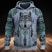baratos Hoodies Étnicos Vintage-Homens Lobo Tribal Moletom com capuz Moletom Moda Étnico Vintage retrô Manga Longa Gola Redonda Ao ar livre Viagem Festa Presente Azul Marron Com Cordão Outono Inverno Designer S M L XL XXL XXXL