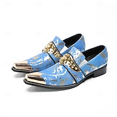 abordables Mocasines de cuero de primera calidad-Mocasines de piel patentada azul y dorada para hombre, elegantes detalles de hebilla, zapatos de vestir para negocios y eventos.