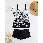 abordables Tankinis-Maillot de bain Tankini femme 2 pièces Shorts Contrôle du ventre Taille haute Slim Dos nu Vacances Plage Vêtements Feuilles V Cou Sans Manches