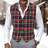 cheap Men's Waistcoat-Men's Vest Waistcoat Gilet Casual Outdoor Vacation Party Fashion Streetwear Spring Fall Buttons Polyester Breathability Plaid Single Breasted V Neck Tailored Fit Red Vest