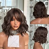 baratos Perucas de seda frontais de cabelo natural-Cabelo humano remy Fechamento 5x5 13x4 Lace Front Peruca Bob curto Com Franjas Cabelo Brasileiro Ondulado Marrom Ruivo Peruca 130% 150% Densidade do Cabelo com o cabelo do bebê Cabelo Ombre Riscas