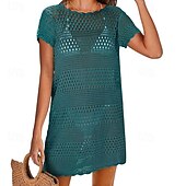 preiswerte Strandkleider-Damen Badeanzug Überwurf Bademode Ausschnitt Gehäkelt Urlaub Strandbekleidung Einfach Rundhals Kurze Ärmel Badeanzüge